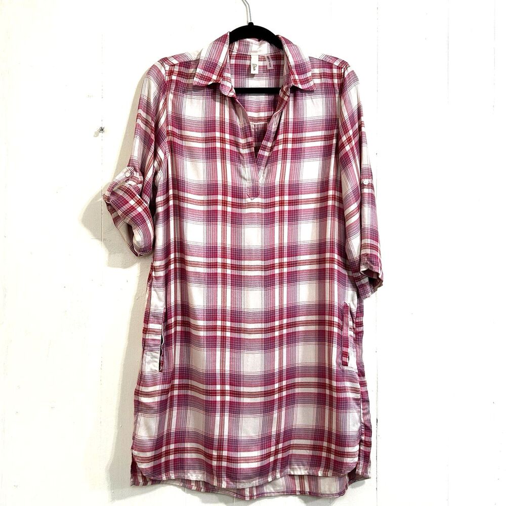 ELAN PINK TAN ROLL TAB SHIRT DRESS SIZE S FRONT POCKETS SOFT RAYON DRESS